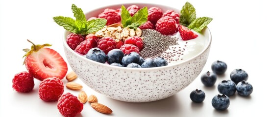 Poster - Granola bowl featuring fresh berries spirulina and chia seeds set against a white background Healthy cuisine Delicious breakfast Yogurt accompanied by strawberries raspberries blueberries peaches m