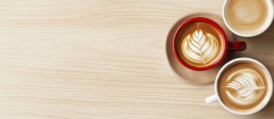 Aufkleber - Aromatic coffee in a red cup topped with milk foam and latte art alongside freshly brewed coffee in a white cup arranged on a light wooden table Flat lay. with copy space image
