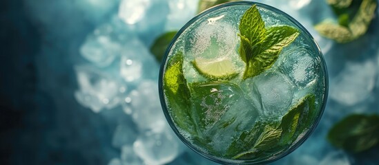 Leinwandbilder - Top view of a refreshing cold mojito cocktail with mint and ice cubes in a glass. with copy space image. Place for adding text or design