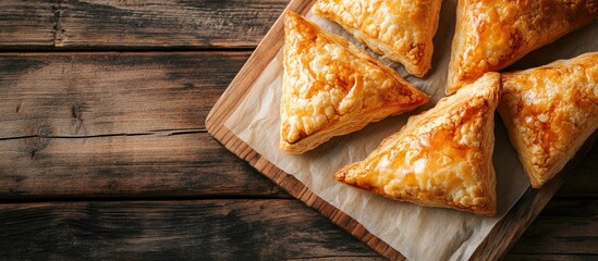 Poster - Triangle shaped puff pastries filled with apples known as Dutch appelflappen placed on an old cutting board Homemade food concept featuring copy space