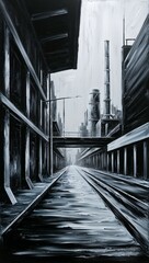 painting of a Metallic silver black capture edgy industrial urban landscapes