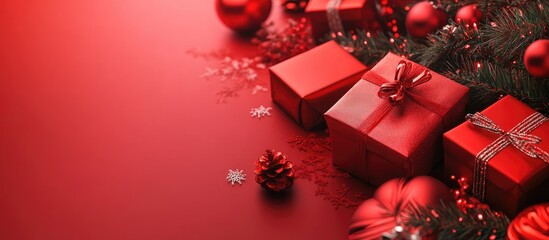 Aufkleber - Red Christmas decorative gifts and ornaments for the Christmas tree. with copy space image. Place for adding text or design