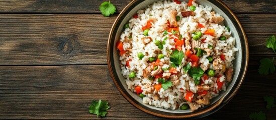 Leinwandbilder - Bowl of rice with spicy pork and vegetables copyspace for recipe a classic Asian dish