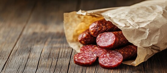 Fototapete - smoked sausage and sliced Finnish salami wrapped in paper placed on a wooden background. with copy space image. Place for adding text or design