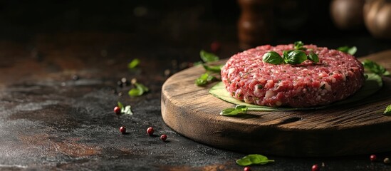 Fototapete - The butcher prepared raw minced duck meat hamburger patties on a wooden board ready for cooking. with copy space image. Place for adding text or design