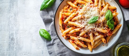 Fototapete - Penne pasta in All Arrabbiata style topped with cheese and basil on a linen tablecloth Studio shot from the top view featuring copy space