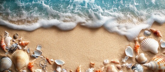 Poster - Seashells and fish border summer beach sand. with copy space image. Place for adding text or design