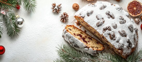 Fototapete - Cut open German Stollen cake a fruit bread made with nuts and dried fruits topped with powdered sugar and traditionally enjoyed during the Christmas season. with copy space image