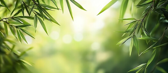 Poster - Bamboo background featuring green leaves and tropical branches blurred in the background along with copyspace