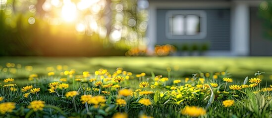 Fototapete - Abstract background with a blurred radial effect featuring yellow flowers and a green lawn behind a house. with copy space image. Place for adding text or design