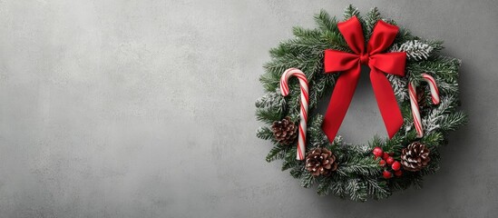 Aufkleber - Top view copy space Traditional green Christmas wreath featuring pine cones thuja branches and a candy cane with a red bow gift on a gray concrete background Festive decoration Holiday concept close