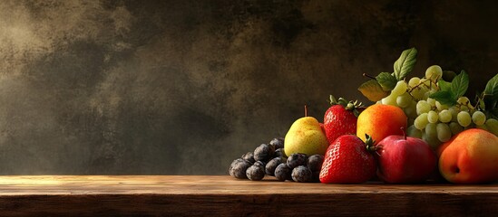 Poster - fruits on a wooden table. with copy space image. Place for adding text or design