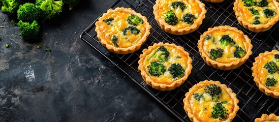 Poster - Crispy tarts with broccoli on a cooling rack. with copy space image. Place for adding text or design
