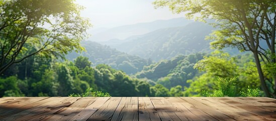 Poster - Desk with ample free space and a stunning natural backdrop Ideal for displaying or showcasing products and suitable for online advertising banners and nature related business presentations