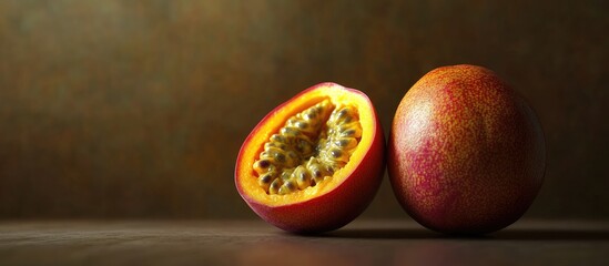 Fototapete - Maracuja Passionfruit Halved Still Life Perspective. with copy space image. Place for adding text or design