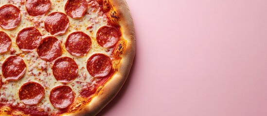 Poster - Delicious pepperoni pizza on a pastel pink background with copy space