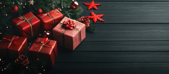 Poster - Christmas still life featuring gifts on a black wooden surface alongside a Christmas tree New Year presents. with copy space image. Place for adding text or design