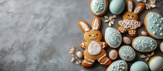 Aufkleber - Easter gingerbread cookies set against a gray background Concept of Easter eggs and the Easter bunny Image features copy space in a horizontal layout