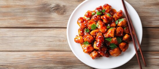 Leinwandbilder - Chinese cuisine kung pao chicken on a white plate with chopsticks on a wooden table top view and copyspace