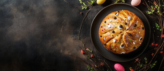 Fototapete - Easter cake sweet bread panettone decoration baking Easter dessert treat holiday orthodox Christian Easter meal food snack on the table copy space food background top view