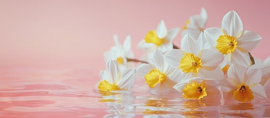 Poster - Lovely daffodils in water on a pink background close up Room for text. with copy space image. Place for adding text or design