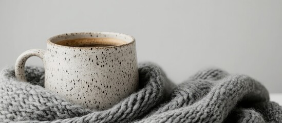 Aufkleber - Coffee mug resting on a gray wool scarf against a white background with copy space