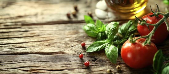 Fototapete - Cooking ingredients on a wooden table include spring onion basil tomato and olive oil. with copy space image. Place for adding text or design