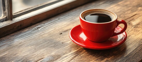 Aufkleber - A red cup of black Americano coffee on a saucer positioned at the edge of a wooden table in a cafe with a low key image featuring copyspace