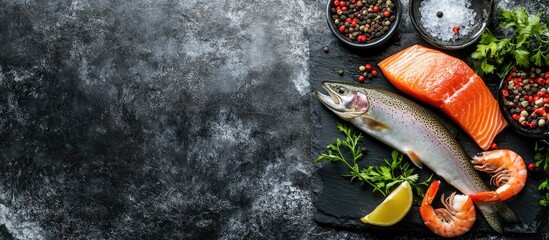 Poster - Seafood backdrop featuring raw rainbow trout shrimp and ingredients on a black slate stone board preparation top view copyspace Healthy eating diet or cooking idea