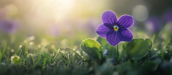 Poster - Close up of a Wild Violet plant flourishing and flowering in a lawn. with copy space image. Place for adding text or design