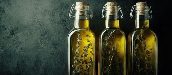 Fototapete - Herb infused olive oil in clear bottles against a dark backdrop Rustic Top view. with copy space image. Place for adding text or design
