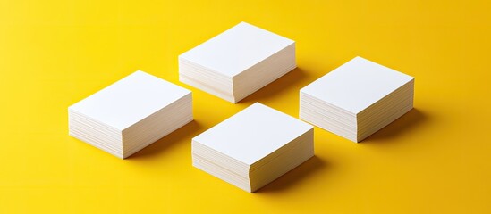 Leinwandbilder - Mockup displaying four stacks of white business cards arranged in rows on a yellow design paper background. with copy space image. Place for adding text or design