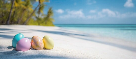 Aufkleber - Easter set against a tropical beach backdrop Eggs on the white sand Theme of vacation and travel. with copy space image. Place for adding text or design