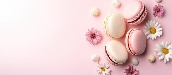 Leinwandbilder - Pastel colored macaroons with flowers on a light pink backdrop Holiday background Copyspace