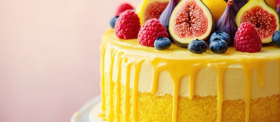 Aufkleber - Yellow citrus cake adorned with figs raspberries blueberries and lemon. with copy space image. Place for adding text or design