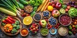 © Sandra - A colorful array of fruits, vegetables, and superfoods on a dark wood backdrop, encouraging clean eating and a wholesome lifestyle for optimal health.