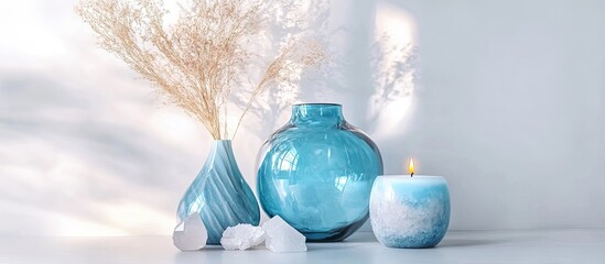 Leinwandbilder - Arrangement of a blue glass vase marble candles and quartz crystals on a white background Minimalist home decor idea. with copy space image. Place for adding text or design