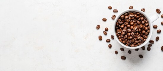 Wall Mural - Coffee cup with roasted brown beans spread across a white table leaving ample copy space for text Flat lay arrangement Close up top view and background