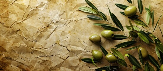 Poster - Textured vintage paper backdrop with fresh olives. with copy space image. Place for adding text or design