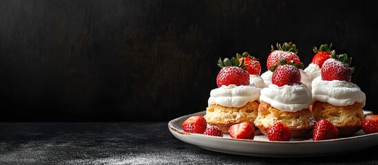 Fototapete - Profiteroles or cream puffs are cakes filled with whipped cream and strawberries arranged on a platter. with copy space image. Place for adding text or design