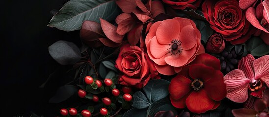 Leinwandbilder - Close up of a stunning bouquet featuring a composition of red flowers and leaves Florist art backdrop with copy space in black