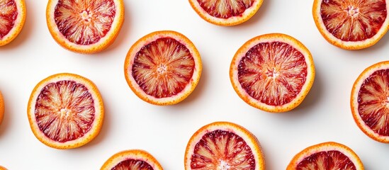 Fototapete - Freshly sliced ripe blood oranges on a white background Top view flat lay. with copy space image. Place for adding text or design