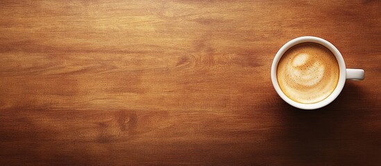 Aufkleber - Cup of coffee on a brown wooden table in a coffee shop A hot cappuccino is the perfect way to begin any morning at a cafe with copy space Top view top down