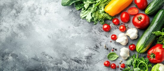Aufkleber - fresh organic vegetables on a gray surface top view balanced nutrition vegetarian and vegan cuisine. with copy space image. Place for adding text or design