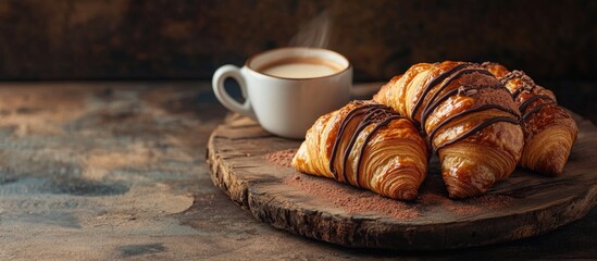 Aufkleber - Fresh warm croissants drizzled with chocolate alongside a cup of coffee with milk. with copy space image. Place for adding text or design