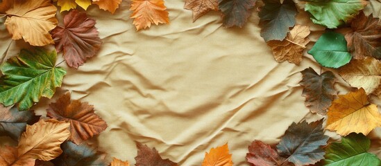 Canvas Print - Creative arrangement of leaves Circular frame of autumn leaves on a wrinkled fabric background with copyspace for your text