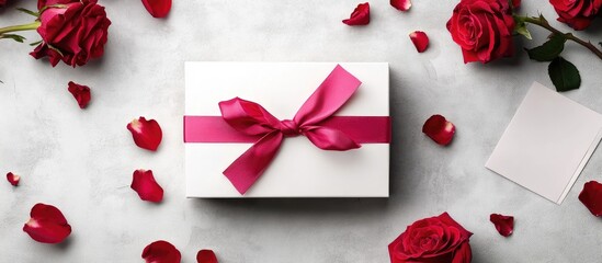 Wall Mural - Surprise with a festive gift box Top view of a white gift box decorated with a bright pink ribbon and encircled by red roses Accompanied by a lovely greeting card. with copy space image