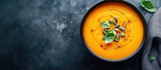 Leinwandbilder - Pumpkin and carrot soup garnished with seeds top view. with copy space image. Place for adding text or design