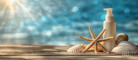 Aufkleber - Sunscreen bottles featuring seashells and starfish on a wooden table representing the concept of summer travel vacation. with copy space image. Place for adding text or design