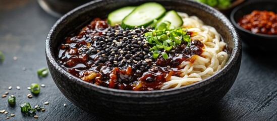 Poster - Jajang Myeon or JJajangmyeon is a Korean noodle dish served with black bean sauce accompanied by cucumber and sesame seeds. with copy space image. Place for adding text or design